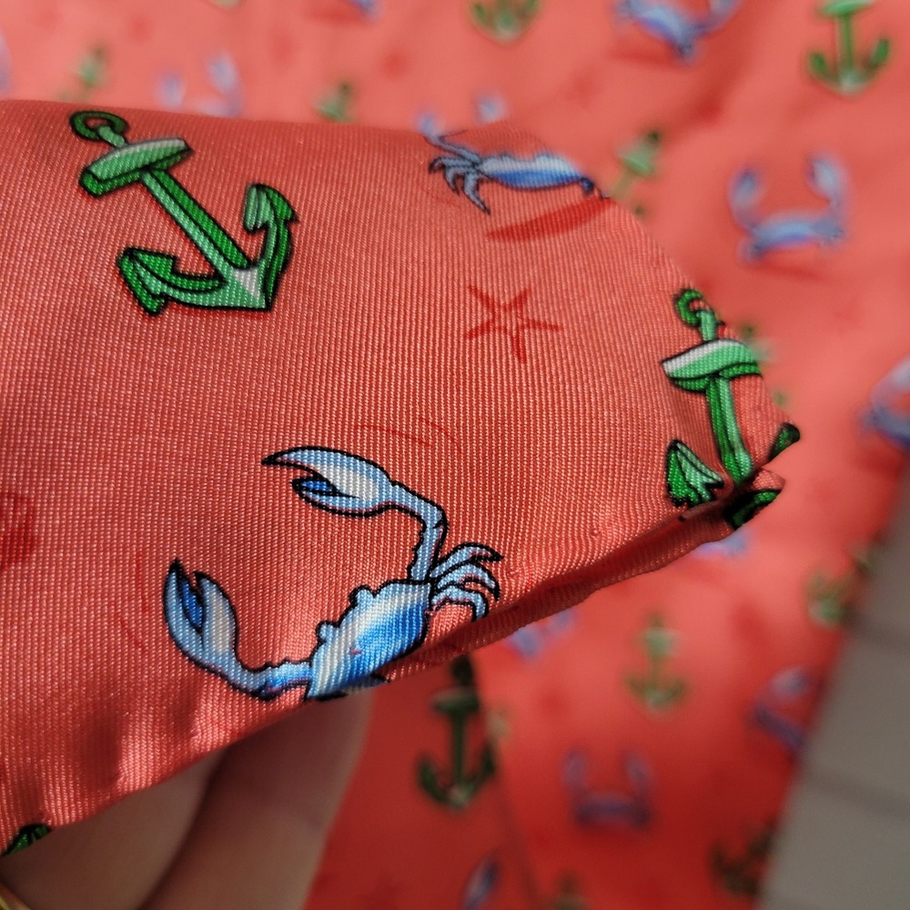 Vintage 90s Silk Twill Nautical Scarf Coral Pink Crab Anchor Novelty Print - Picture 6 of 8
